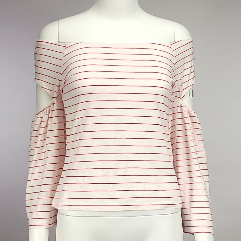 Coco Colette Womens Off Shoulder White Red Striped Bell‎ Sleeve Top Small